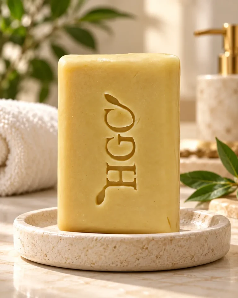 HGC turmeric tea tree acne soap bar on a stone soap dish