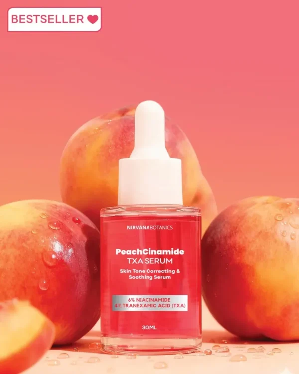 Niacinamide tone-correcting serum bottle surrounded by fresh peaches